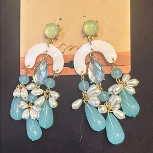 Teal and White Drop Statement Earrings - Women Jewelry